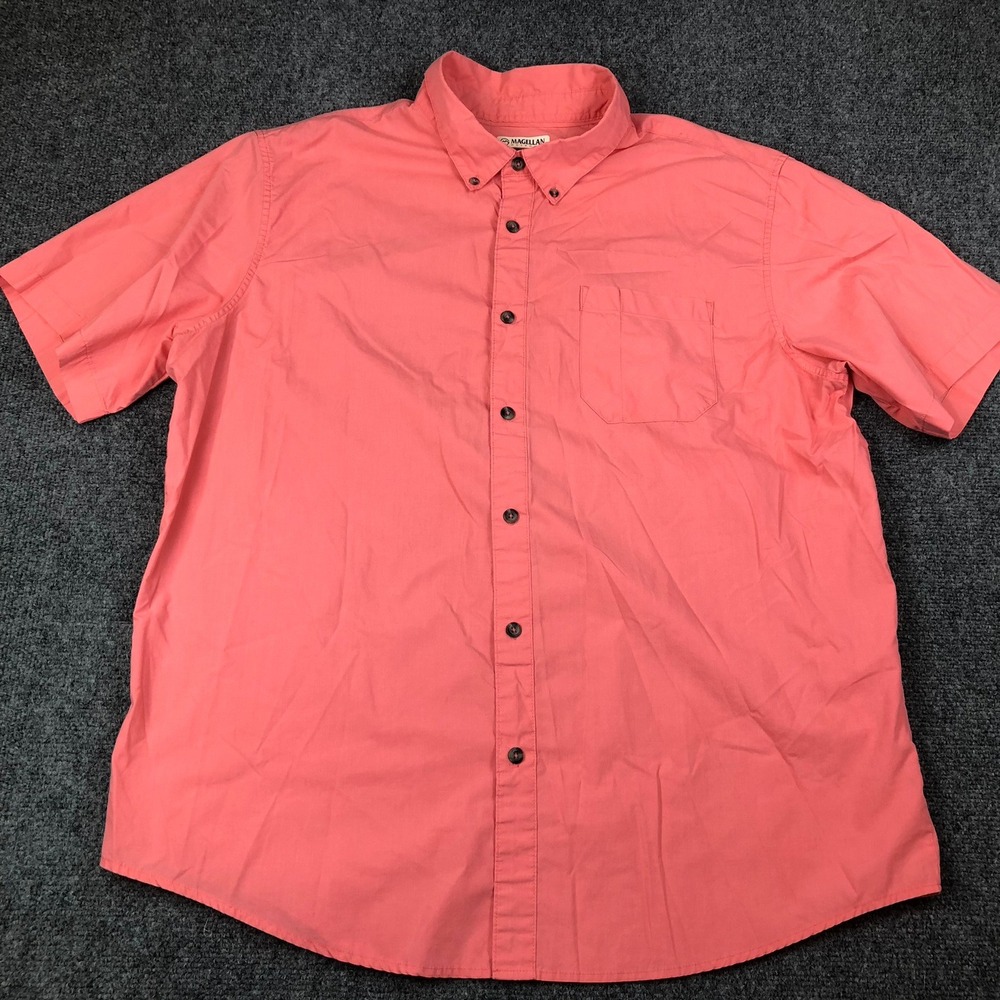 Magellan Outdoors Mens Size XL Short Sleeve Button Down Shirt Coral Pink Classic